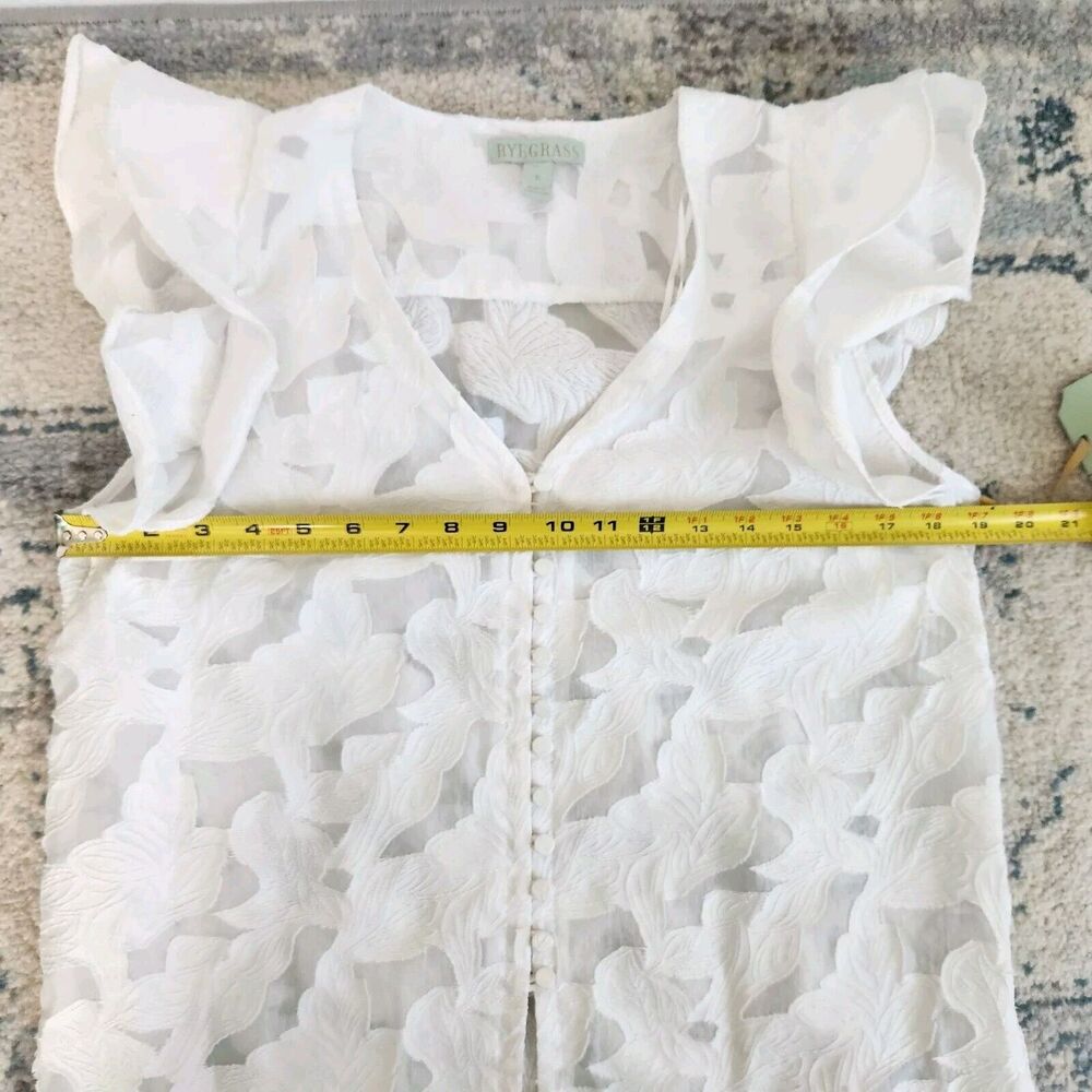 Rye Grass Womens Small White Textured Blouse w/ Ruffle Hem Sleeves Sheer Fabric - Picture 5 of 8